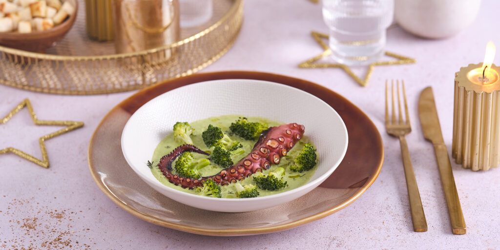 Poulpe grillé et crème de brocolis